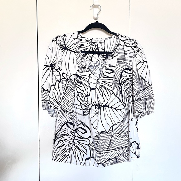 Rachel Zoe Off White & Black Leaf Print Linen Blend Puff Sleeve Top - Picture 2 of 7